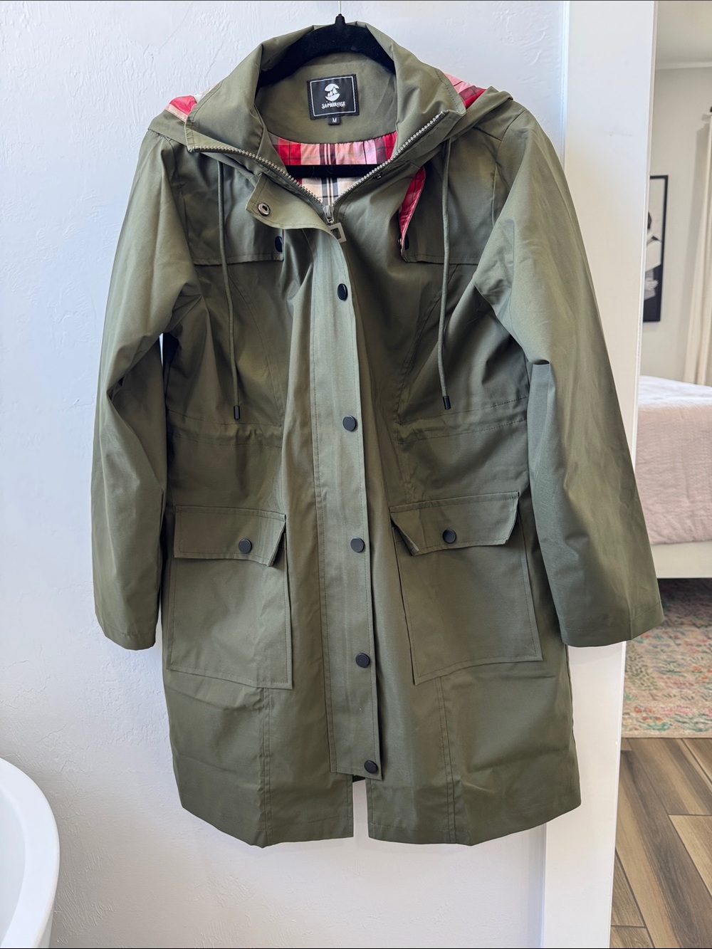 Unbranded Olive Green Waterproof Parka Jacket with Plaid Lining